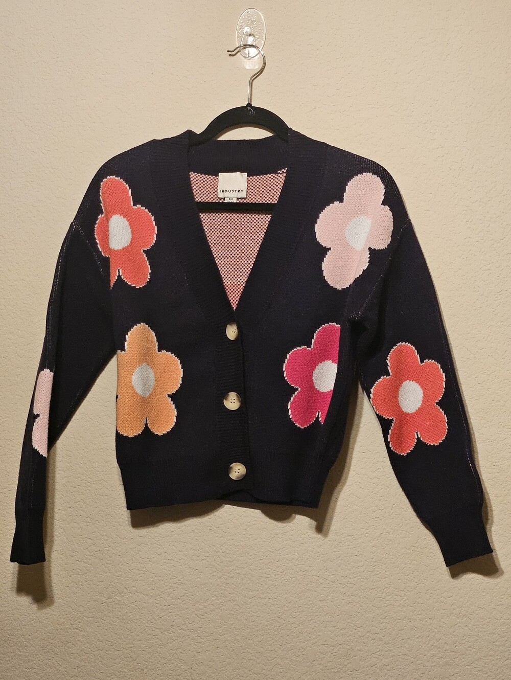 Industry Black Floral Button-Up Cardigan with Pink, Red, Orange Flowers